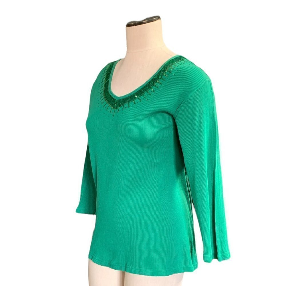 Quacker Factory Green Sequin Rib Knit V-Neck Top Side Slits Sz L #357i